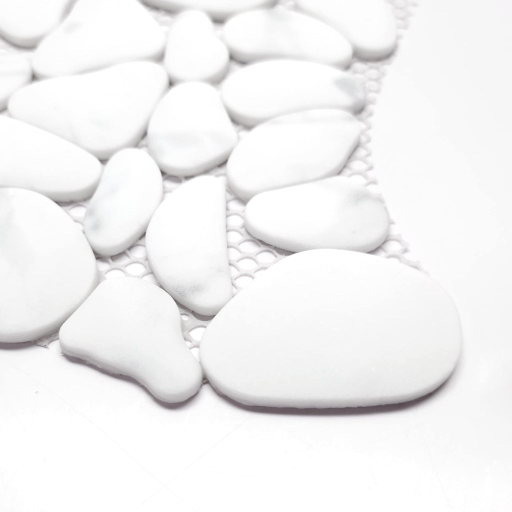 Pebble Tile for Shower Floor Border Kitchen Bathroom Backsplash, Carrara White Recycled Glass Marble Stone