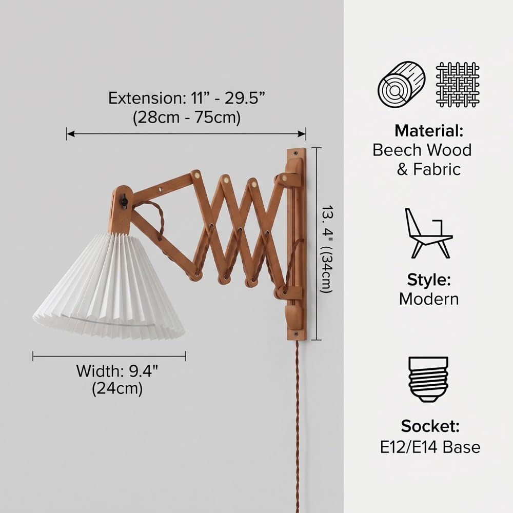 Extendable Wood Wall Sconce Lighting,Mid-Century Accordion Wall Light Fixture,Wall Lamp with Pleated Fabric