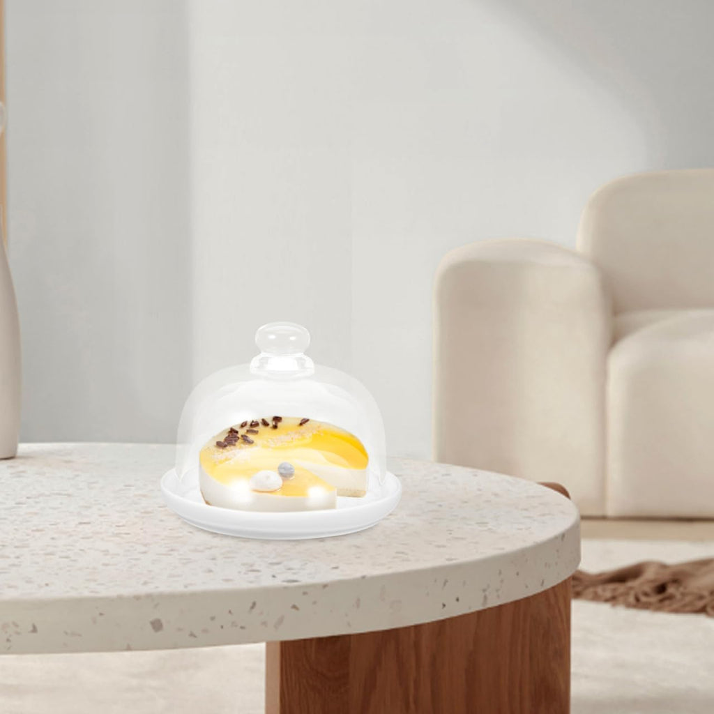 Ceramic Cake Stand with Glass Dome Cover White Ceramic Cake Plate Server Round Clear Glass Dome Dessert Plate Kitchen
