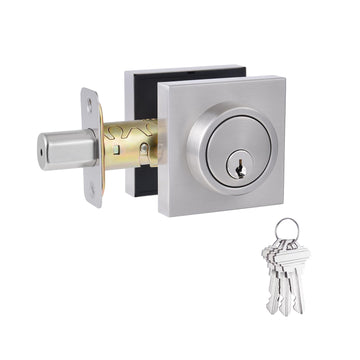 1 Side Keyed Deadbolt Lock, Square Single Cylinder Dead Bolt, Satin Nickel Square Exterior Keyed Deadbolt