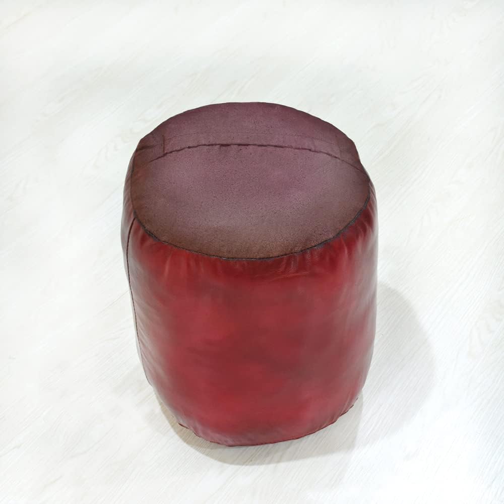 Round Shaped Goat Leather Eco-Friendly Dark Pink Pouf - Round Pouf, 14" x 14"x 14", Plain Solid Pouf, Goat Leather