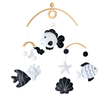 High-Contrast Black & White Decor for Newborn Baby Nursery Room - Fish Crib Mobile, for Boy & Girl, Safe Natural Wood