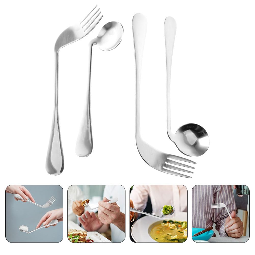 Adaptive Utensils Set for Left & Right Hand - Curved Stainless Steel Spoon and Fork for Elderly, Adults with Tremors