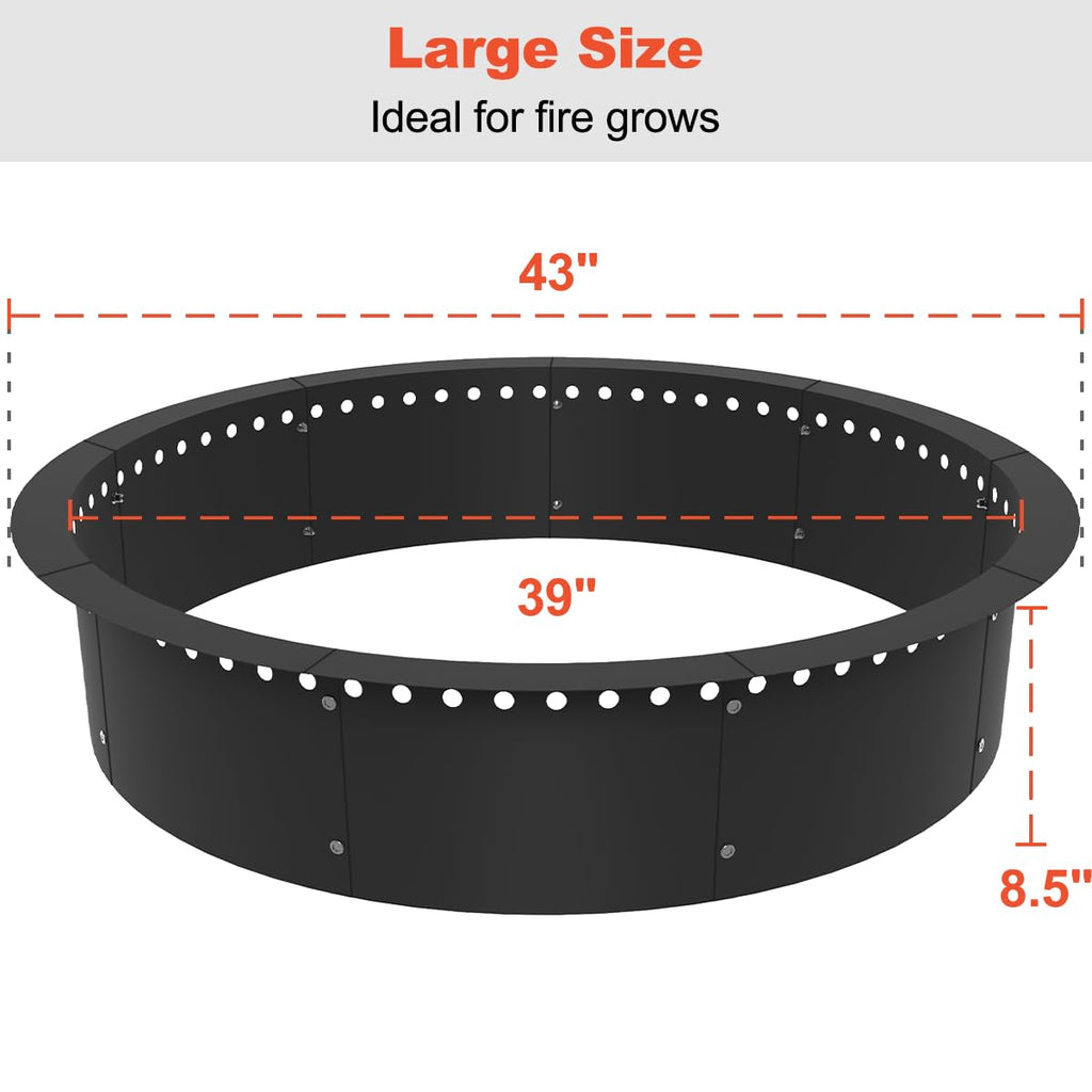 Outdoor Smokeless Fire Pit Ring Liner 43-Inch Outer/39-Inch Inner Diameter, Heavy Duty Solid Metal Steel Round