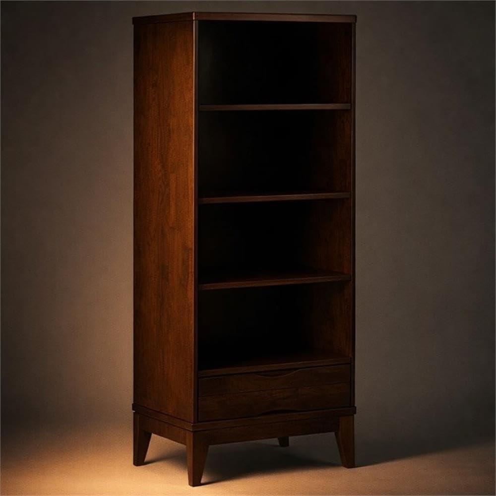Mid-Century Bookcase, 60" H x 24" W x 16" D, Solid Rubberwood, Walnut Brown Finish, Adjustable Shelves, Drawer with