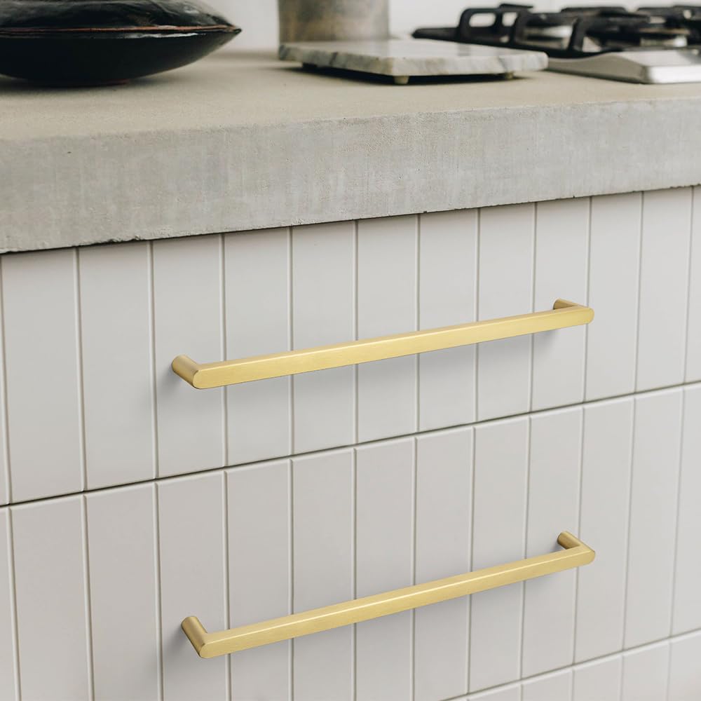 Brushed Brass Cabinet Pulls, 10 Inch (256mm) Hole Centers, 6 Pack Solid Brass Bar Handles, Slim Modern Hardware