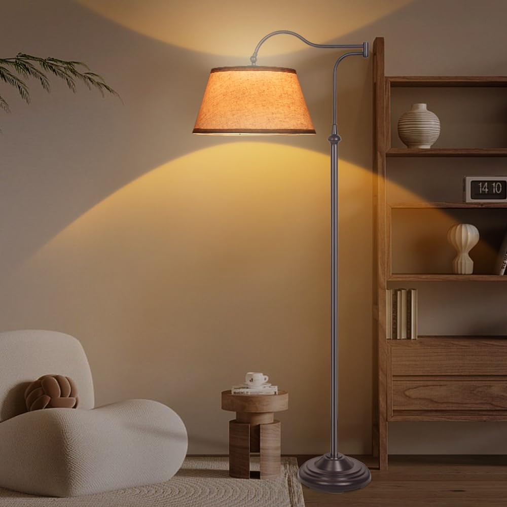 Swing Arm Floor Lamp, Arc Floor Lamps with 180° Adjustable Cantilever, Mid Century Standing Lamp with Linen Shade