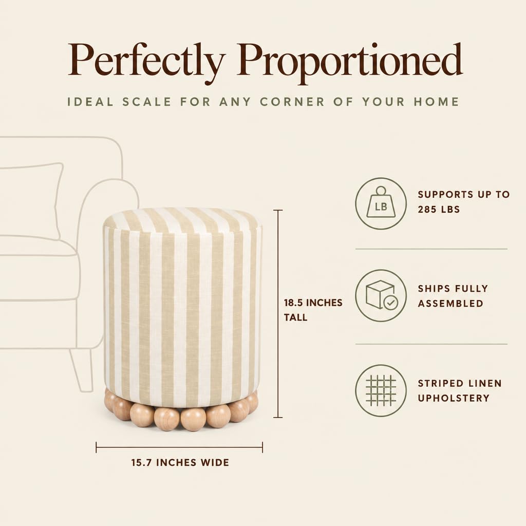 Dex Small Round Ottoman Footstool, Striped Linen, Beige