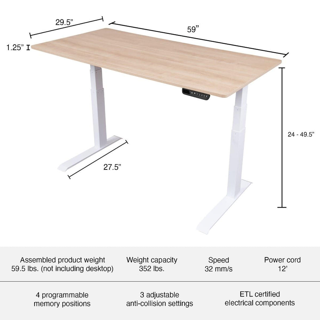 Dual Motor Electric Adjustable Height Standing Desk with EZ Assemble Steel Frame (White Frame/Natural Walnut Top, 60"
