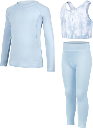 Girls Yoga Leggings 3 Pcs Workout Sets Athletic Training Activewear