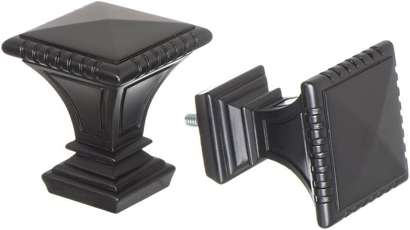 Decorative Window Curtain Rod - Carved Square Finials, 1 1/8 in Rod, 28 to 48 in. Black