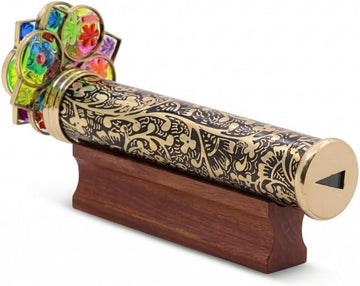 Handmade Giant Trigon Flower Brass Kaleidoscope - Stunning Visual Display with Hardwood Base - Unique Gift