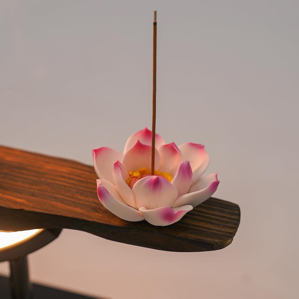 Backflow Incense Burner, Chinese Style Peach Blossom Incense Holder with LED Light, Ceramic Incense Cone Burner Home
