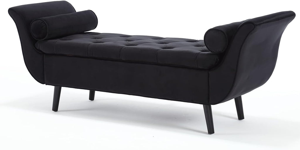 65" Black Velvet Storage Bench End of Bed Couch, King Size Tufted Upholstered Ottoman Benches with Rolled Arms and
