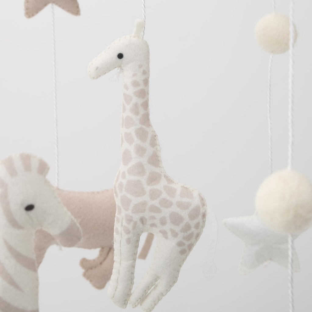Safari Nursery Mobile Decoration, Neutral Felt Hanging Decor with Elephant, Giraffe, Zebra & Rhino, Boho Baby Room