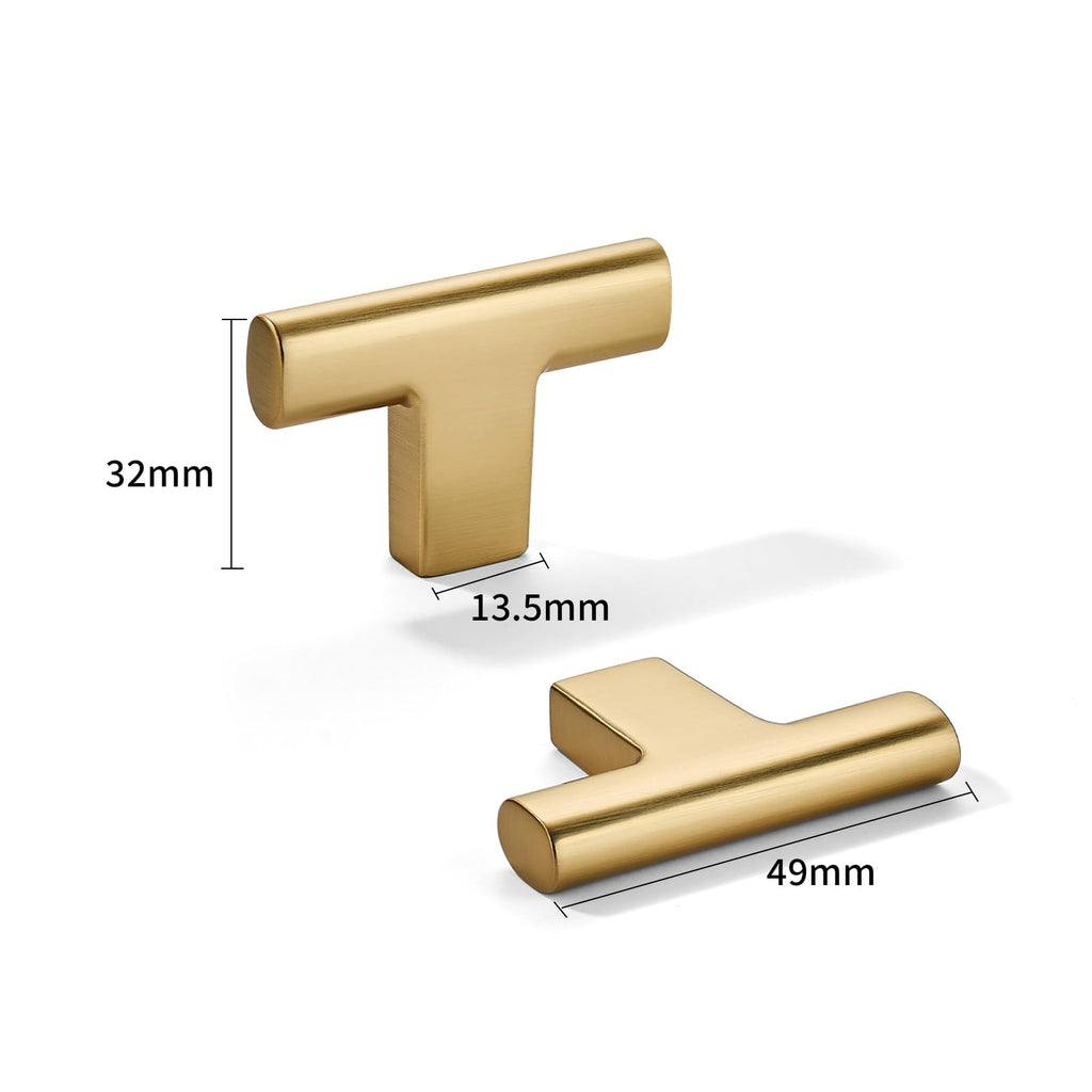 Knob 2-Pack Brushed Brass Heavy Duty Soild 2inch Cabinet knobs T-Knob Kitchen Drawer Hardware Drawer Cabinet Door