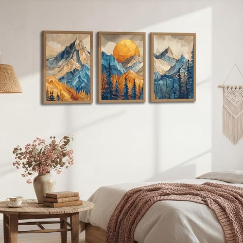 Mountain Wall Art Set of 3 Framed, Abstract Landscape Canvas Print Rainbow Mountain 16x24 Inches