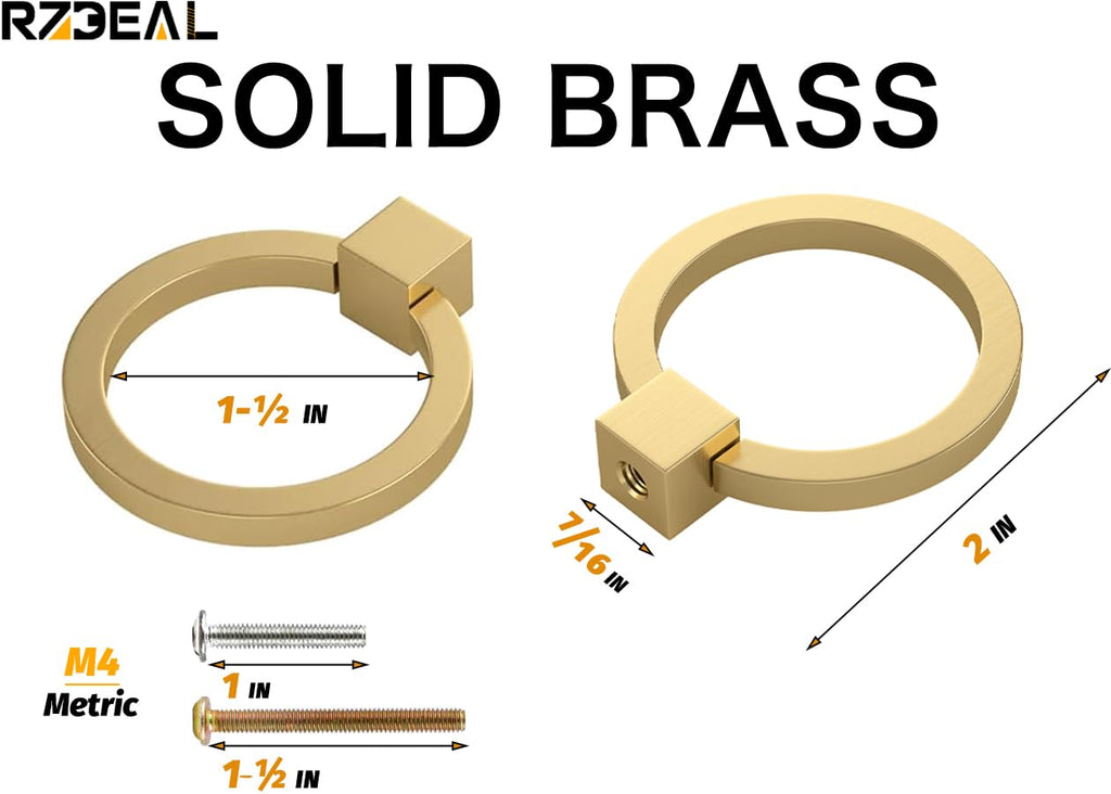 8Pcs 2.0" x 1-7/8" Solid Brasss Pulls for Dresser Drawer Ring Pulls Furniture Hardware Brushed Gold Wardrobe Door