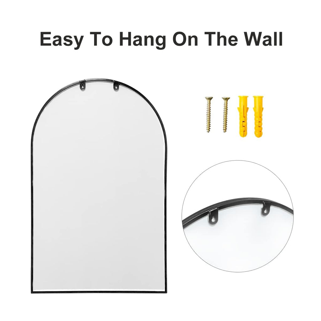 Arched Wall Mirror, 42"x24" Metal Frame Windowpane Mirror, Black