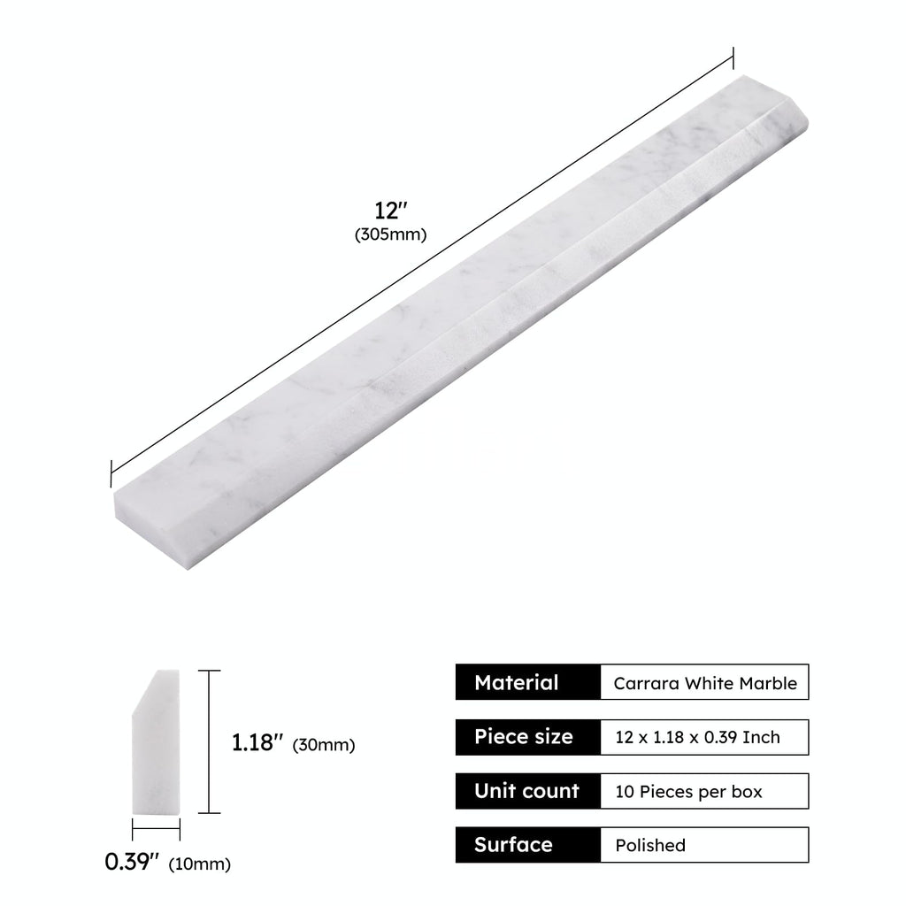 10 Pcs Carrara White Marble Pencil Liner Trim, 3/8×12 Inch Polished