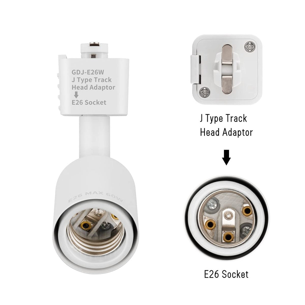 J Type Track Lighting Head to E26 Medium Screw Base Adapter Light Direction Adjustable Pack of 6 (White)