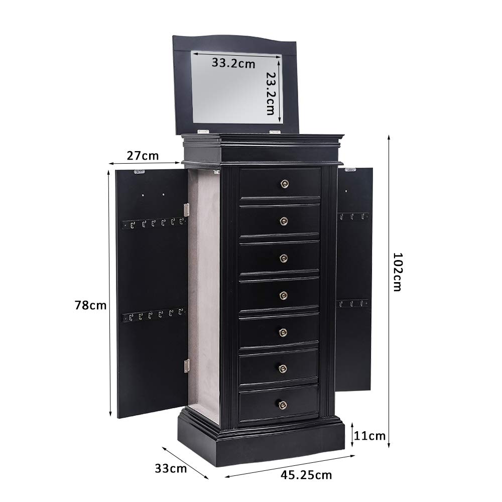 Large standing Jewelry Armoire Cabinet with 7 Drawers & 2 Swing Doors 24 Hooks, Large Wood Jewelry Cabinet Organizers