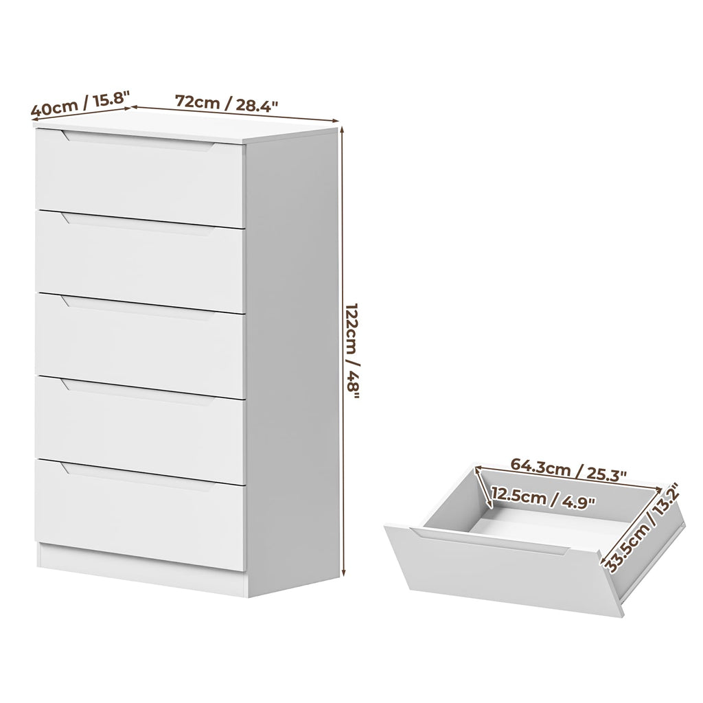 White 5 Drawer, 48" H Tall Modern Chest of Drawers, Wood Storage with Deep Drawers Hallway Entryway, White