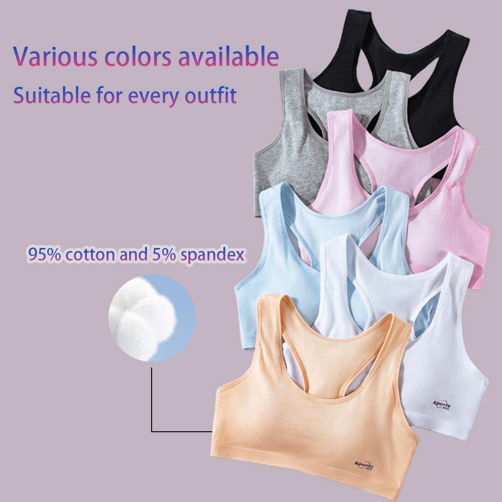 Teen Girls Sports Bras 6Pack Cotton Underwear and Wire-Free Bra for Kids
