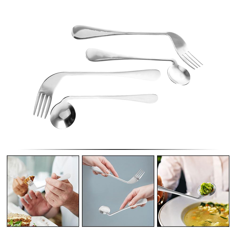 Adaptive Utensils Set for Left & Right Hand - Curved Stainless Steel Spoon and Fork for Elderly, Adults with Tremors