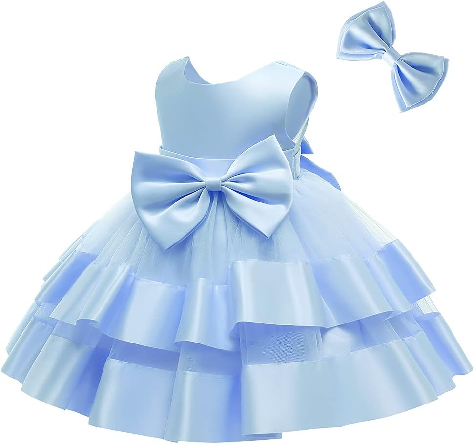 Baby Girls V Backless Flower Dress Pageant Party Wedding Gown Dresses with Hair Bow