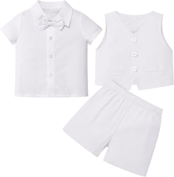 Toddler Baby Boys Formal Suit Set with Dress Shirt + Bowtie + Vest + Pants Piece Gentleman Wedding Tuxedo Outfits