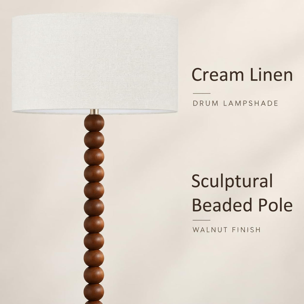 60.6 Inch Beaded Walnut Wood Floor Lamp with Linen Shade, Cream