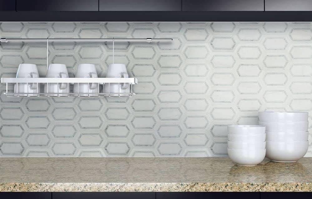 Corinto Bianco Dolomite with Grey Hexagon Picket Pattern Marble Mosaic Floor and Wall Tile Backsplashes, Fireplace