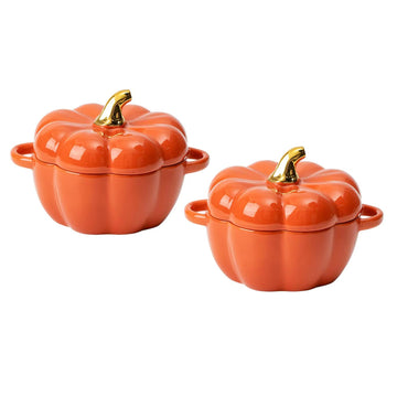Pumpkin Bowl Set with Lid and Handle, Set of 2 Ceramic Ramekins for Baking, Casserole Dish Individual Severing Pot