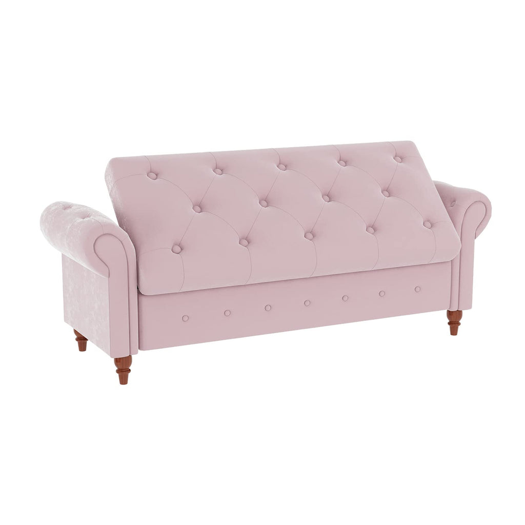 63" Tufted Storage Bench End of Bed, Velvet Upholstered Storage Ottoman Bench, Rolled Arm Window Bench Seat with Solid