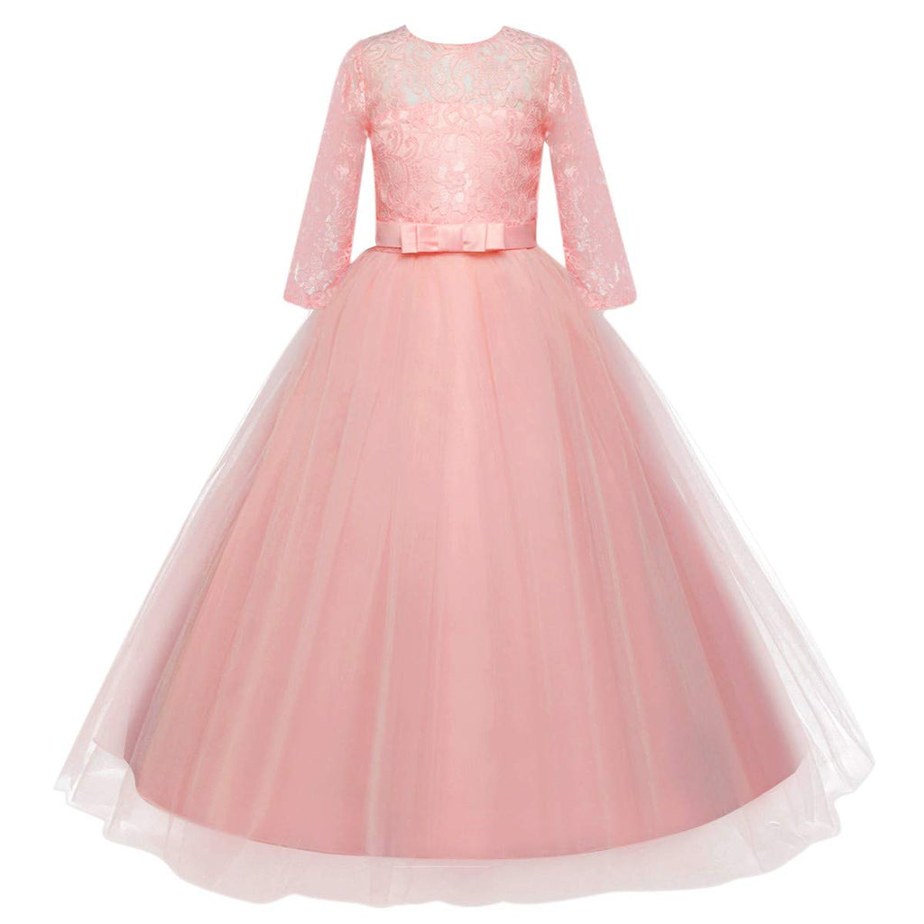 Flower Girls 3/4 Sleeve Tulle Lace First Communion Dress Birthday Christening Pageant Wedding Party Ball Gown Pink