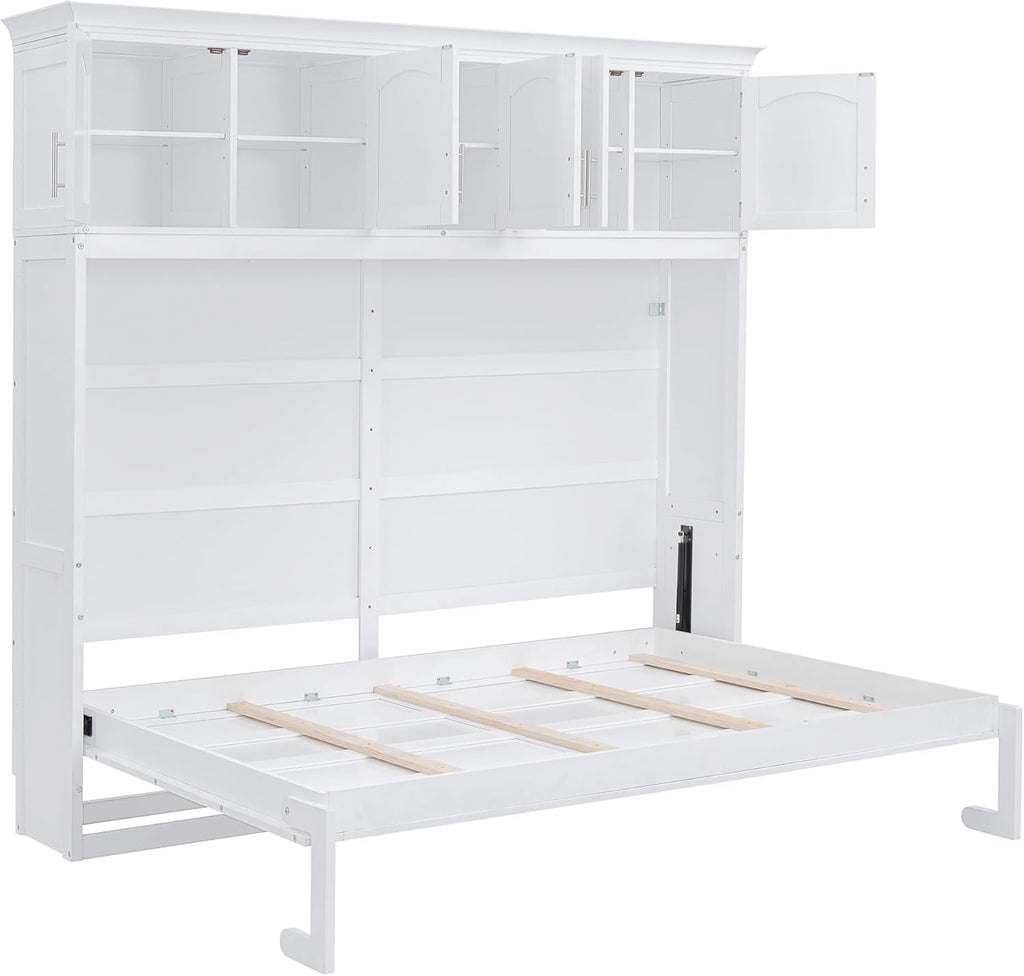 Queen Horizontal Murphy Bed with Storage Cabinet,Wood Folding White Murphy Wall Bed for Adult