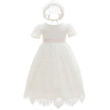 Baby Girls Baptism Christening Dress Lace Short Sleeve Wedding Dresses Gown & Bonnet (, Ivory White)