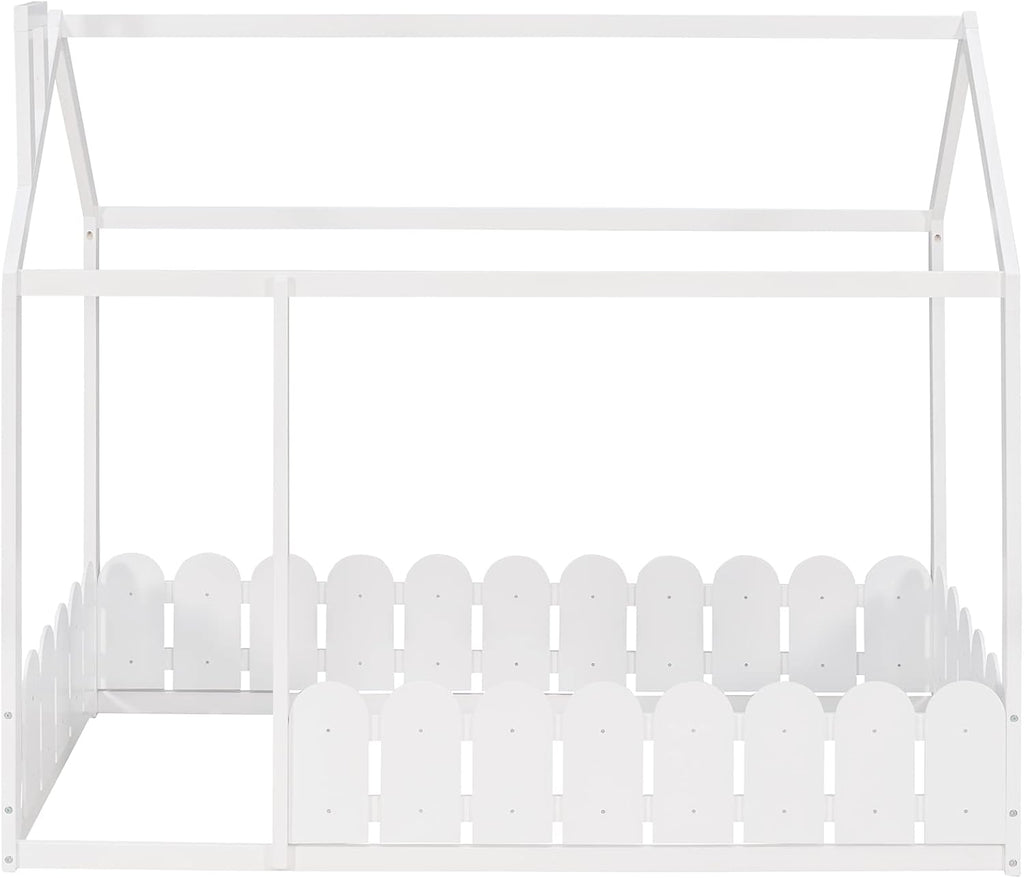 Tw Floor Bed with Rail for Kids, Wood Montessori Floor beds with roof for Kids, no slats White