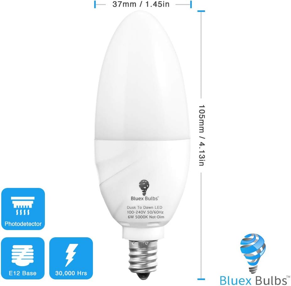 6 Pack BlueX Dusk to Dawn LED Bulbs, 6W E12 Base Light Bulb - 65W Equivalent - 5000K Daylight White - Smart Light