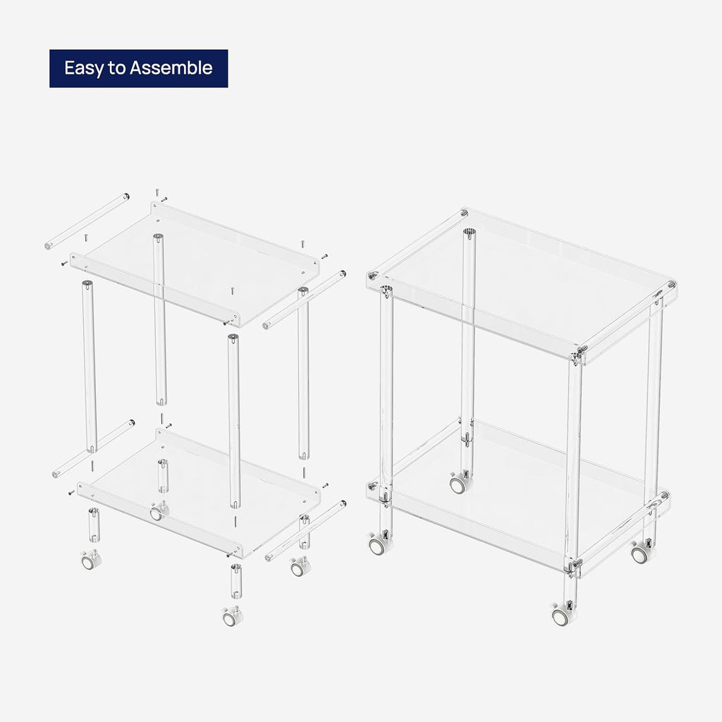 Acrylic Bar Cart, Rolling Serving Cart with 4 Lockable Wheels for the Home Bar, Kitchen, Living Room, Modern, 2-Tier