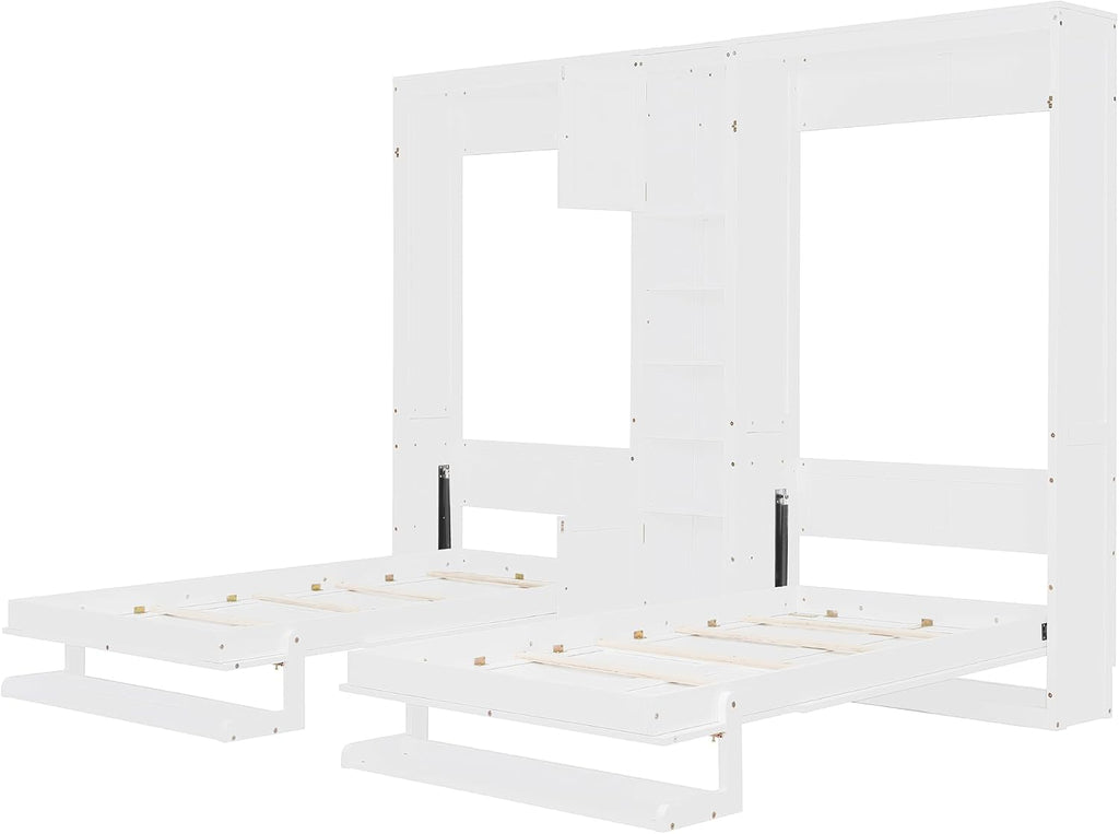 Dual Twin Murphy Bed, Wooden Wall Bed with Cabinets and Shelves, White