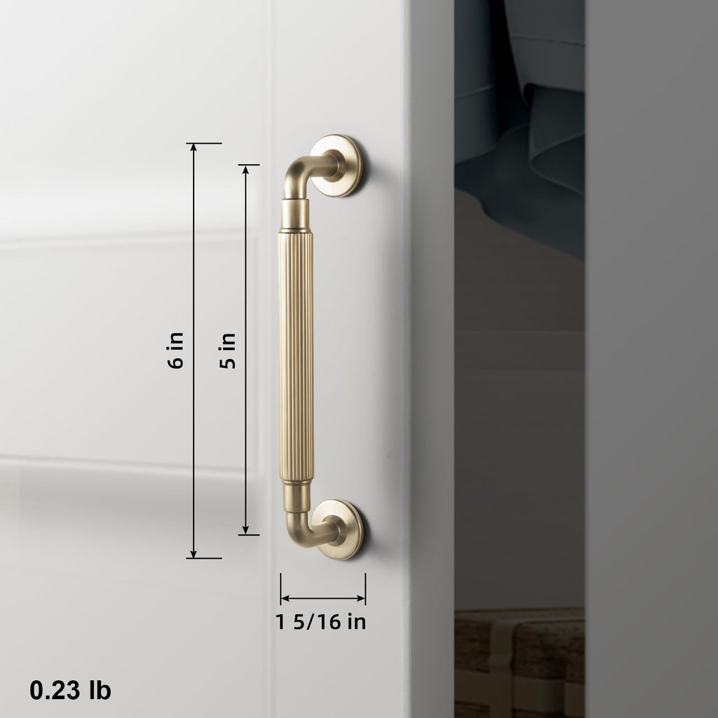 Champagne Bronze Reeded Cabinet Pulls - 6 Pack 5 Inch Modern Textured Drawer Handles with Fluted Grip & Round Rosette