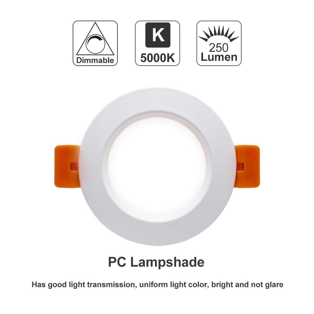 2 Inch LED Recessed Lighting, Dimmable LED Downlight 3W (35W Halogen Equivalent), CRI80+, 5000K Daylight White