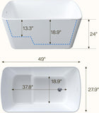 49" Acrylic Freestanding Bathtub - Japanese Square Soaking Tub with Built-in Seat & Toe-Tap Drain, Glossy White
