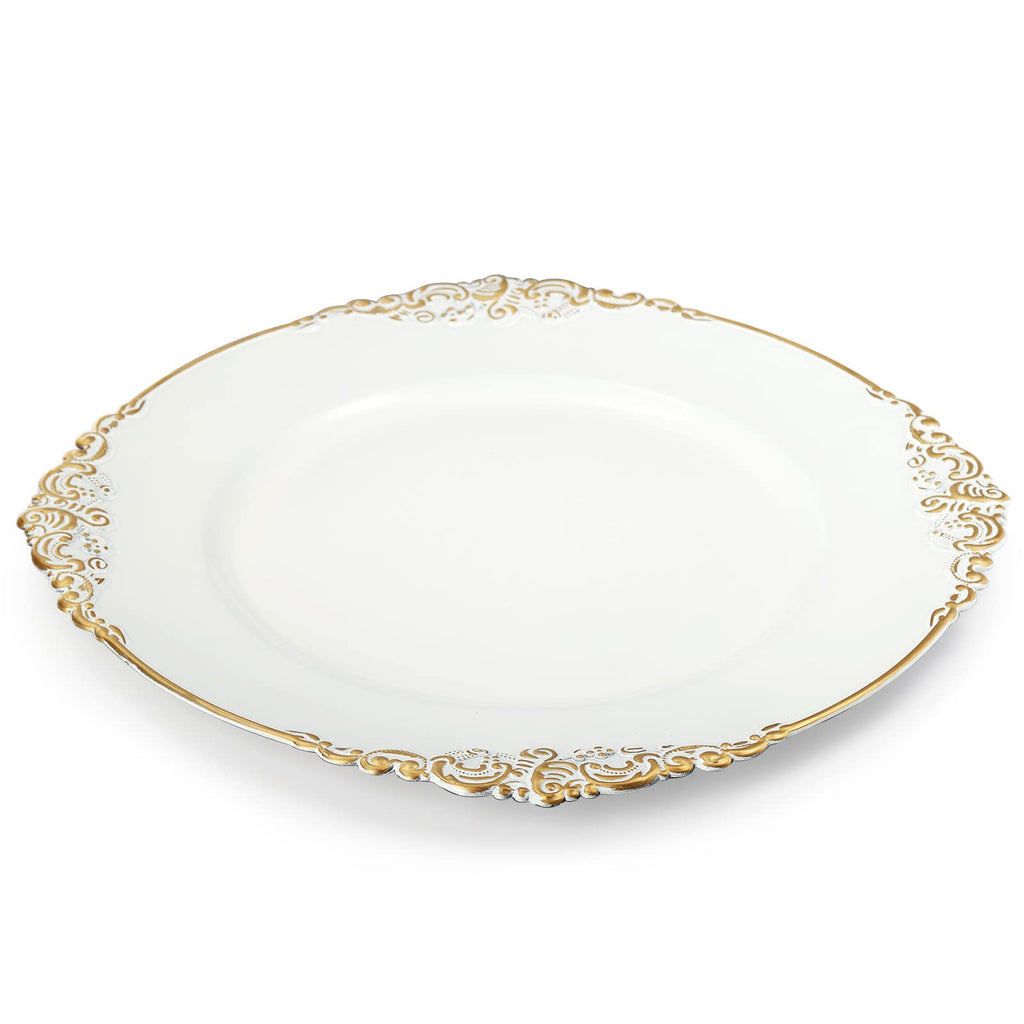 12 Pack Plastic Round Charger Plates, 13" Dinner Charger Dessert Plates with Gold Rim, Vintage Charger Serving Plates