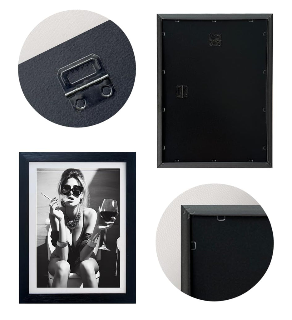 Framed Girl on Toilet Wall Decor, Woman on Toilet Smoking and Drinking Wine, Black and White Bathroom Wall Art, Funny