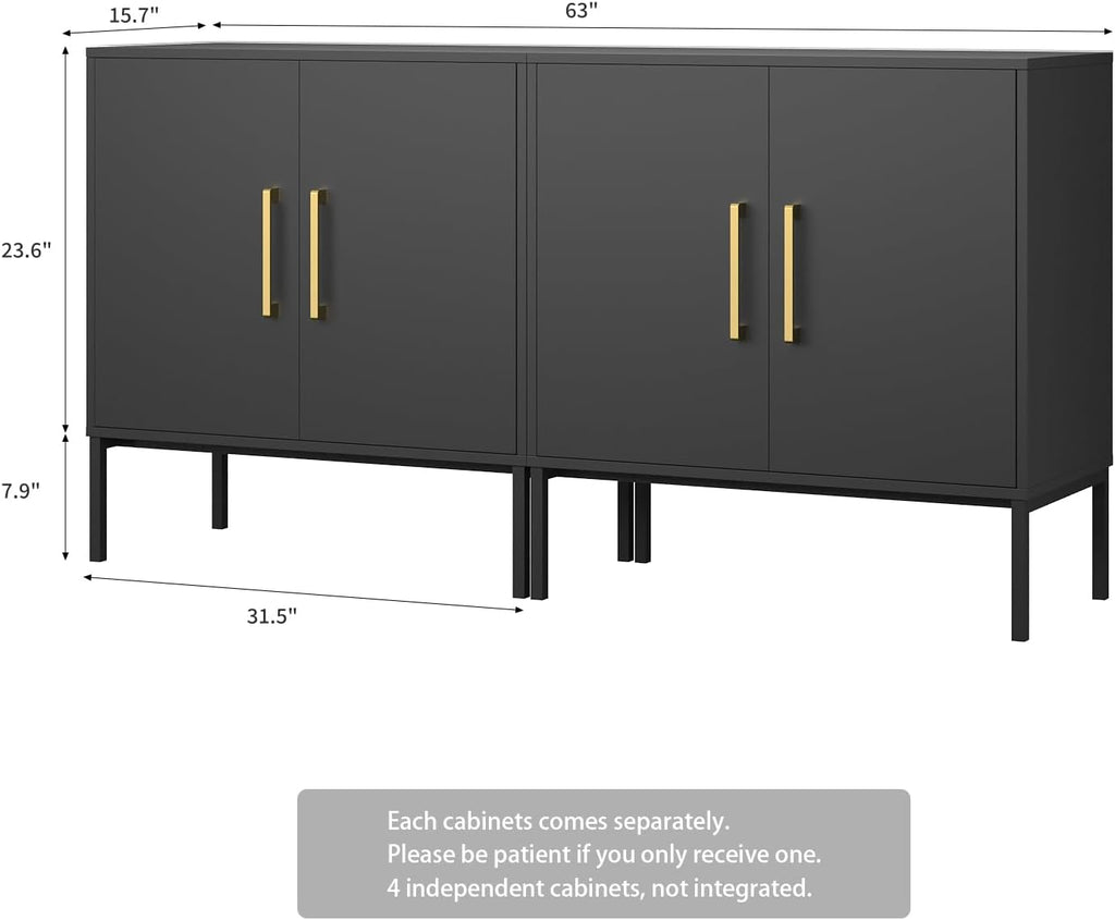 Set of 2 Storage Cabinets with Adjustable Shelf and Gold Handle, Black丨Buffet Cabinet with Storage, Accent Cabinet