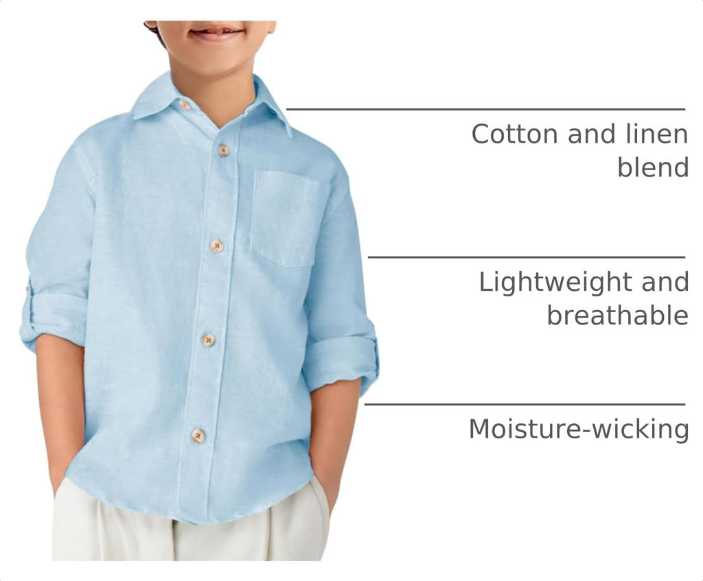 Boys Linen Button Down Dress Shirt Long Sleeve Tops
