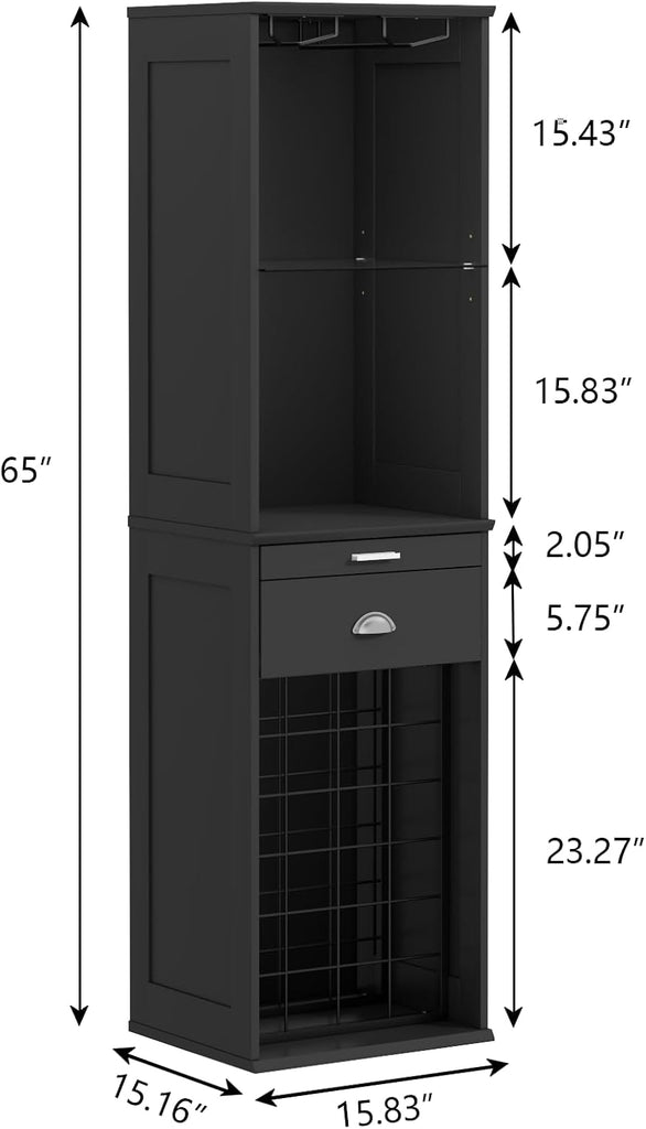Wine Bar Cabinet w/LED Lights, 65'' Tall Coffee Bar w/24 Wine Rack | Freestanding Liquor Cabinet with Glass Holder &